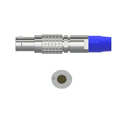 A side view of a C533 stainless steel collector connector on a blue CTC cable, shown above a front view of the connector showing the 8 pins.
