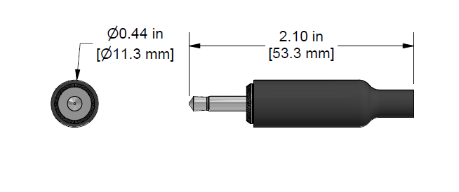 A line drawing showing the diameter and length of an assembled CTC C302 vibration sensor connector kit.