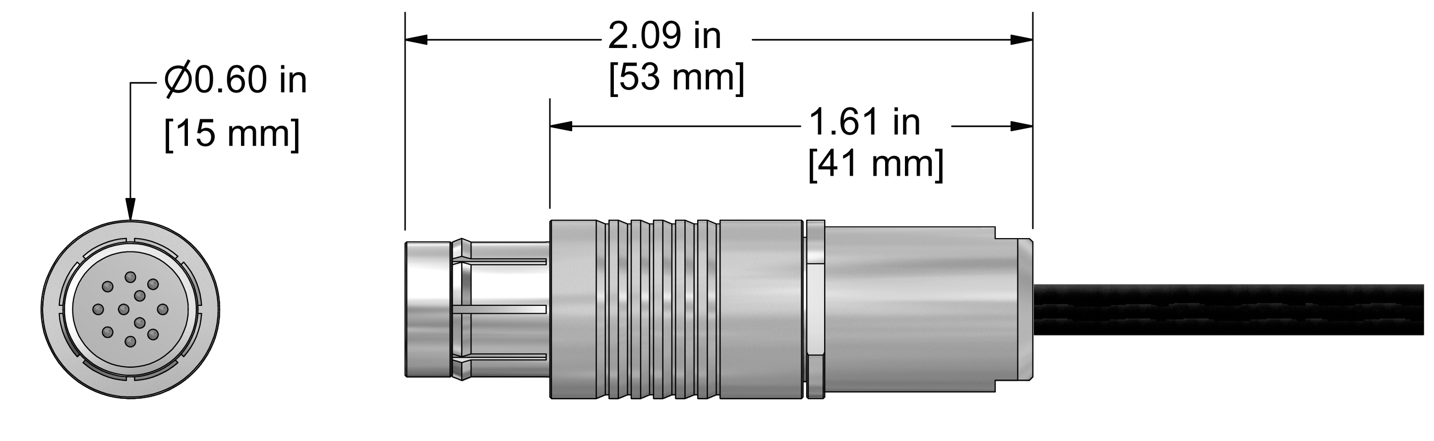 A line drawing showing the diameter and length of an assembled CTC C303 vibration sensor connector kit.