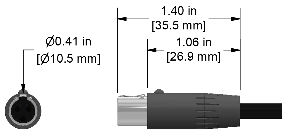 A line drawing showing the diameter and length of an assembled CTC C380 vibration sensor connector kit.