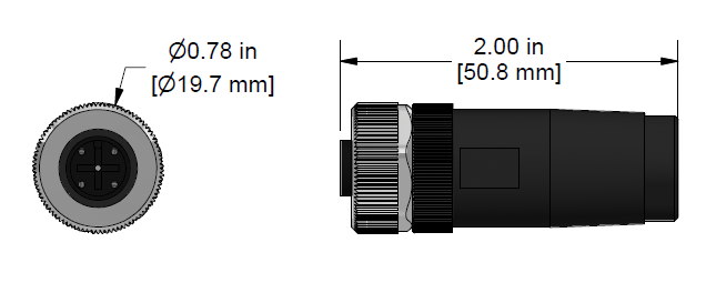 A line drawing showing the diameter and length of an assembled CTC C461 vibration sensor connector kit.