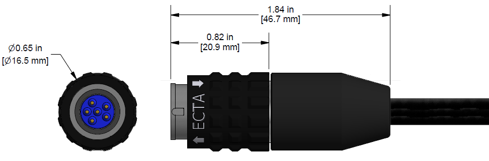 A line drawing showing the diameter and length of an assembled CTC C494 vibration sensor connector kit.