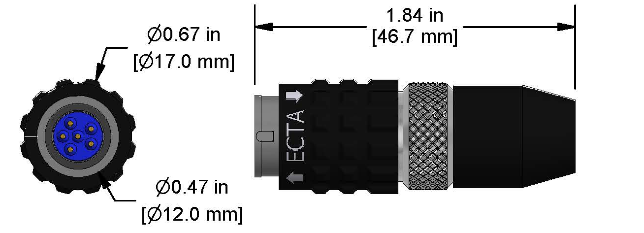 A line drawing showing the diameter and length of an assembled CTC C628 vibration sensor connector kit.