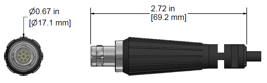 A line drawing showing the diameter and length of an assembled CTC C643 vibration sensor connector kit.