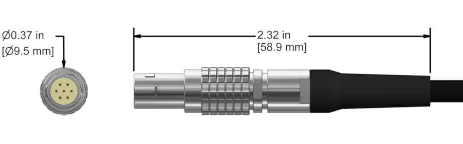 A line drawing showing the diameter and length of an assembled CTC C648 vibration sensor connector kit.