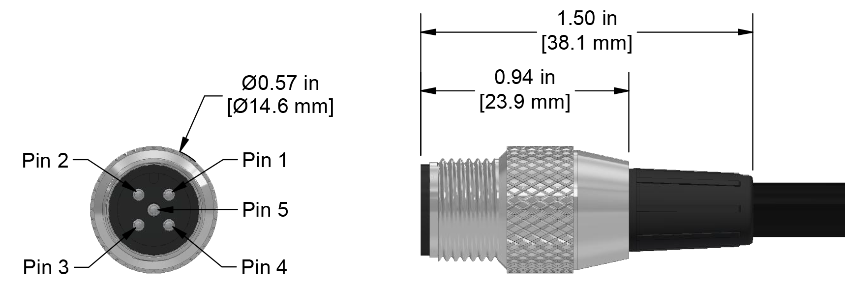 A line drawing showing the diameter and length of an assembled CTC C652 vibration sensor connector kit.