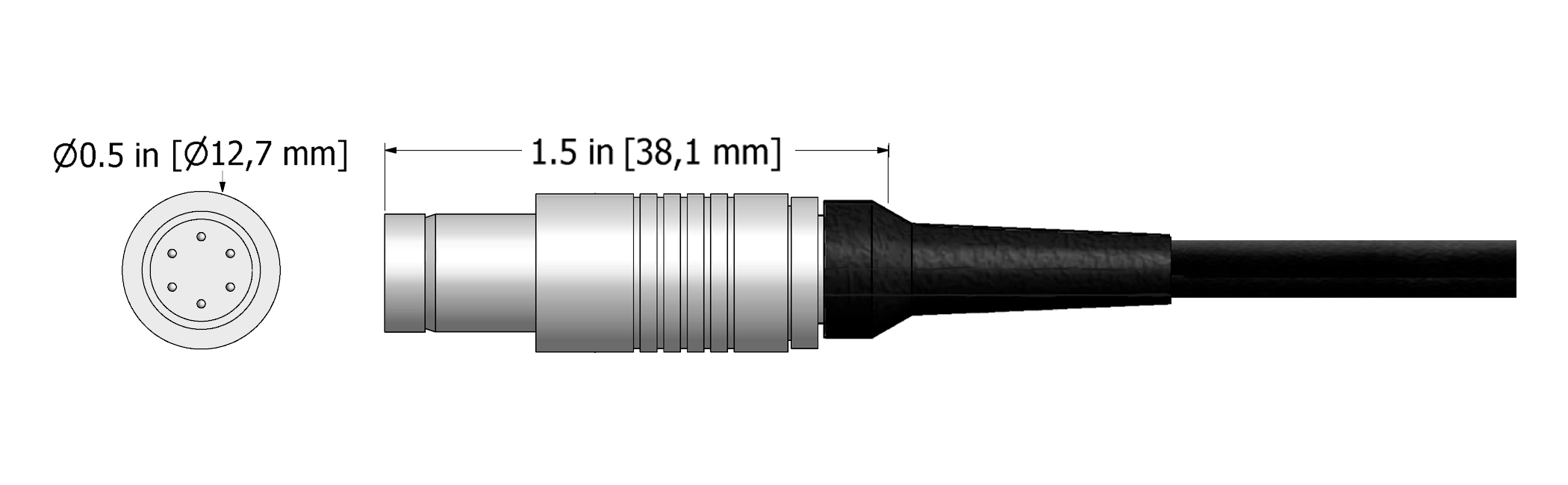 A line drawing showing the diameter and length of an assembled CTC C690 vibration sensor connector kit.