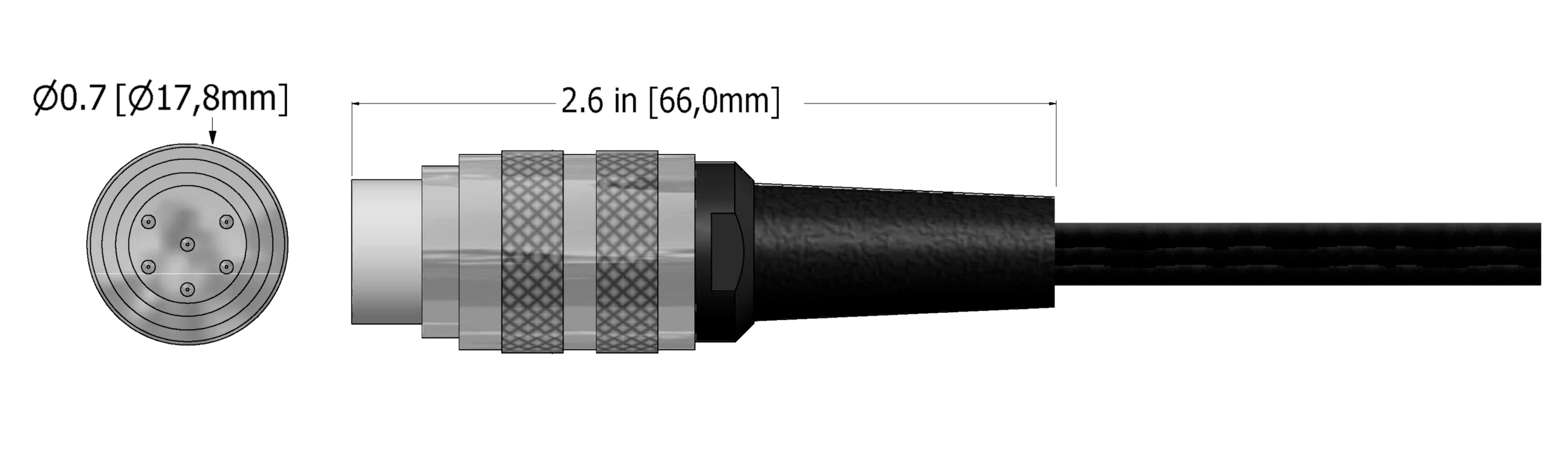 A line drawing showing the diameter and length of an assembled CTC C91 vibration sensor connector kit.