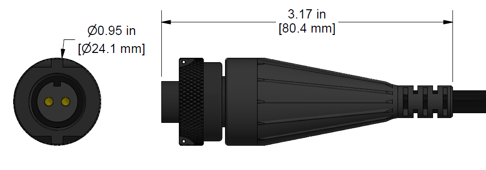 A line drawing showing the diameter and length of an assembled CTC D2CG vibration sensor connector kit.