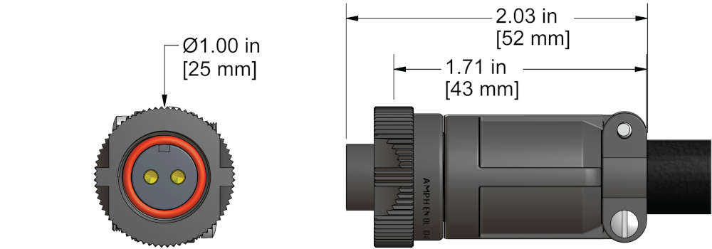 A line drawing showing the diameter and length of an assembled CTC D2Q vibration sensor connector kit.