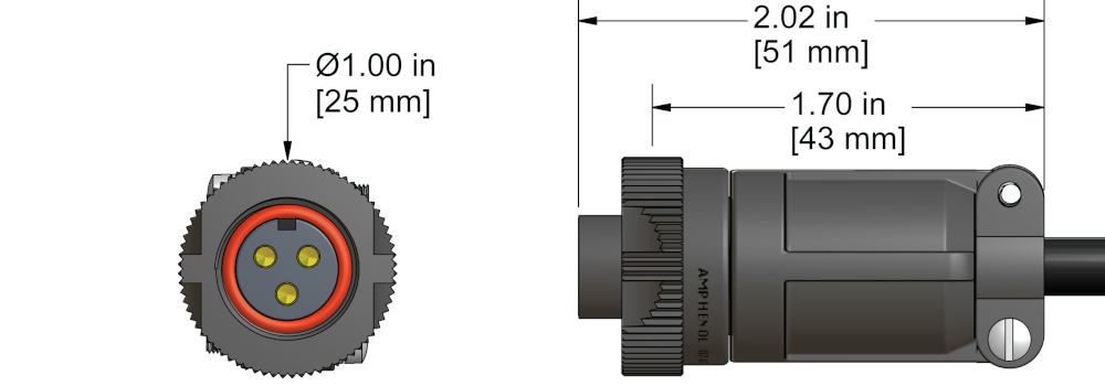 A line drawing showing the diameter and length of an assembled CTC D3Q vibration sensor connector kit.