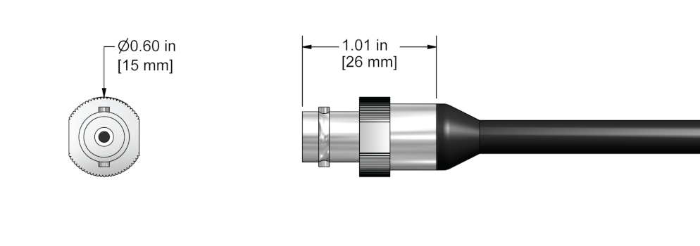 A line drawing showing the diameter and length of an assembled CTC E2C vibration sensor connector kit.