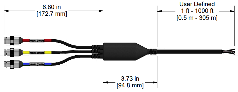 A line drawing showing the diameter and length of an assembled CTC E3DE vibration sensor connector kit.