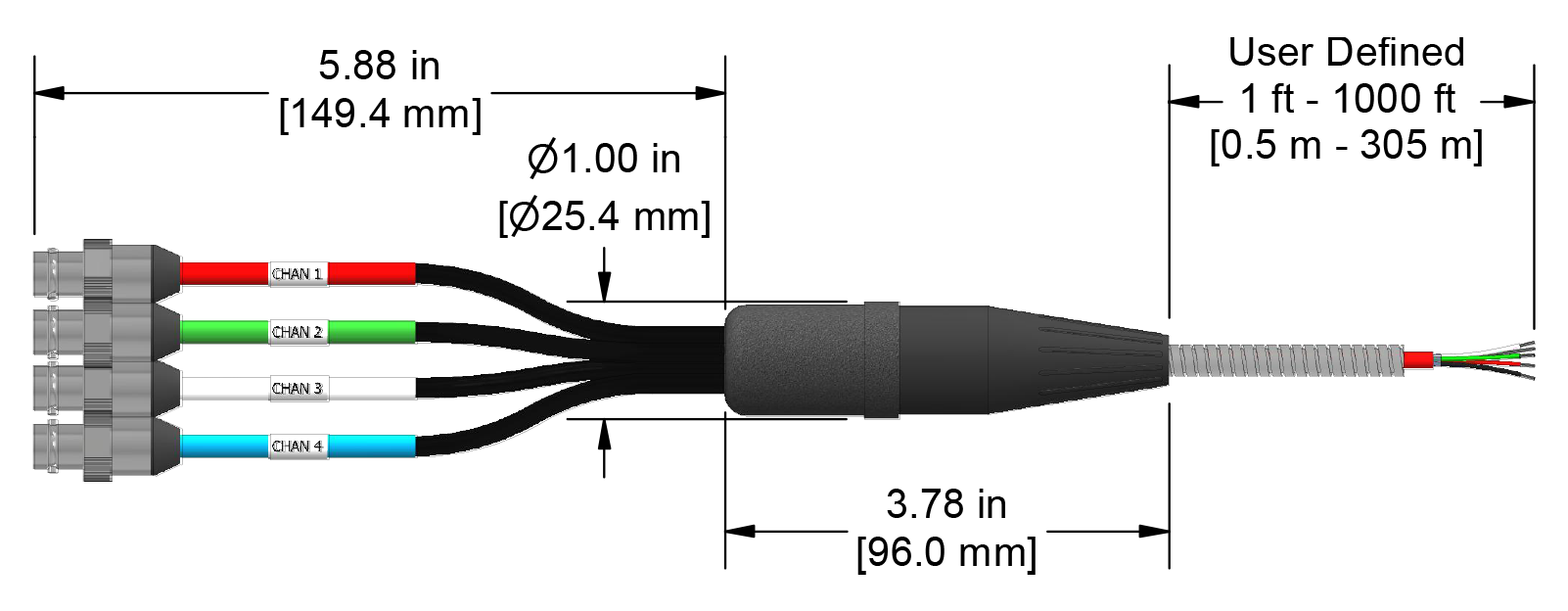 A line drawing showing the diameter and length of an assembled CTC E4X vibration sensor connector kit.