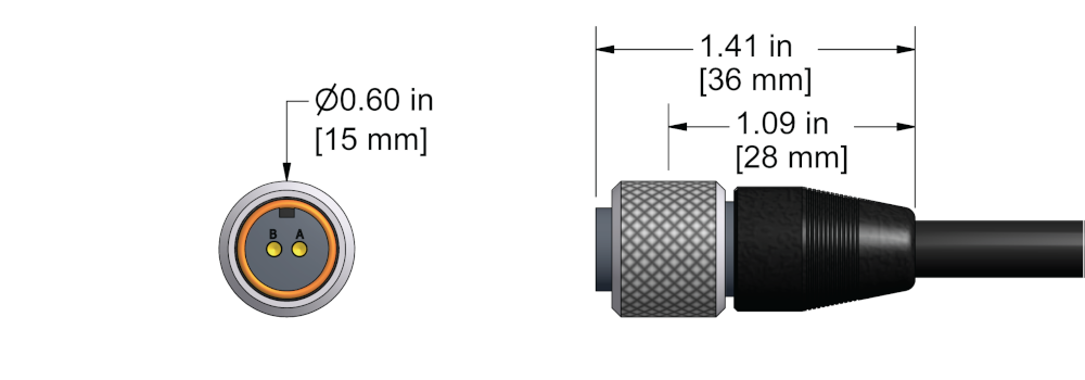 A line drawing showing the diameter and length of an assembled CTC J2AX vibration sensor connector kit.