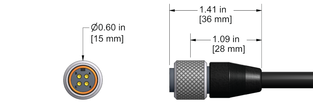 A line drawing showing the diameter and length of an assembled CTC J4NX vibration sensor connector kit.