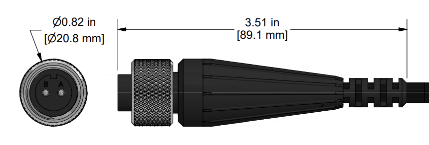 A line drawing showing the diameter and length of an assembled CTC K2CE vibration sensor connector kit.