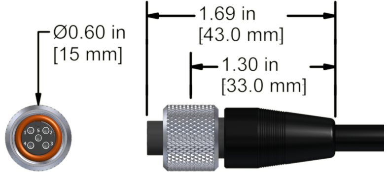 A line drawing showing the diameter and length of an assembled CTC M4T vibration sensor connector kit.