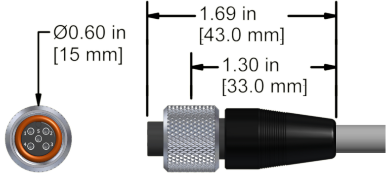 A line drawing showing the diameter and length of an assembled CTC M4TA vibration sensor connector kit.