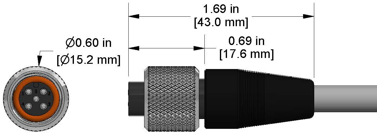 A line drawing showing the diameter and length of an assembled CTC M4TR vibration sensor connector kit.