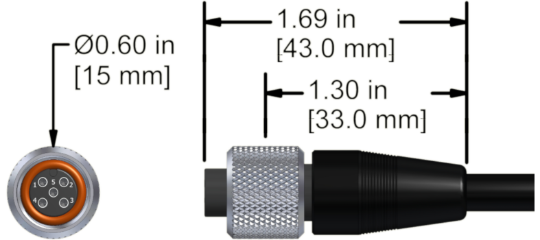 A line drawing showing the diameter and length of an assembled CTC M5B vibration sensor connector kit.
