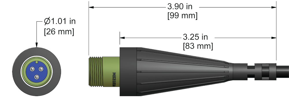 A line drawing showing the diameter and length of an assembled CTC R3C vibration sensor connector kit.