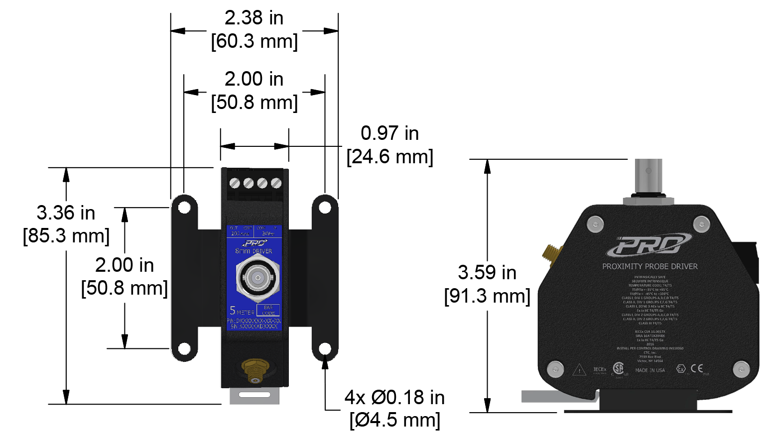 A dimension drawing of a CTC PRO Line Hazardous-Area Approved DD100180 proximity probe driver.