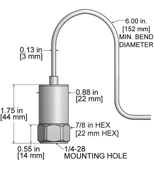 A drawing showing the dimensions and pin configuration of a CTC CM362-7A industrial accelerometer.