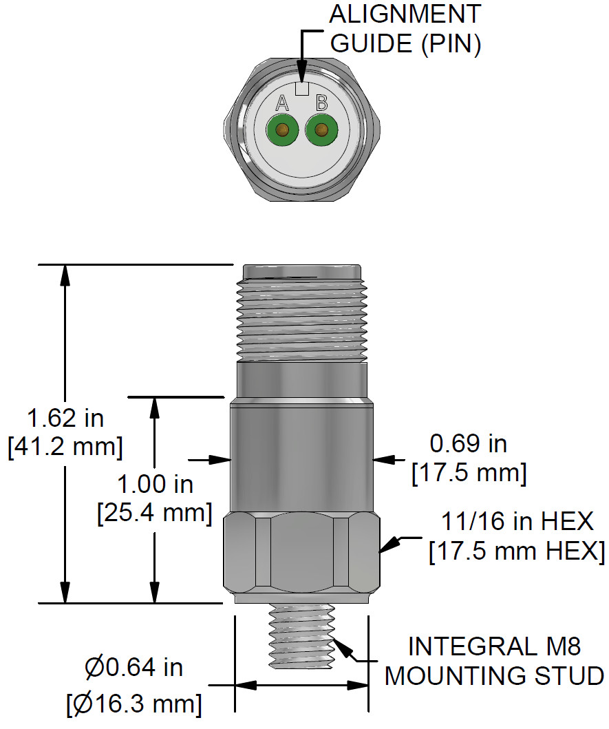 A drawing showing the dimensions and pin configuration of a CTC AC196 industrial accelerometer.
