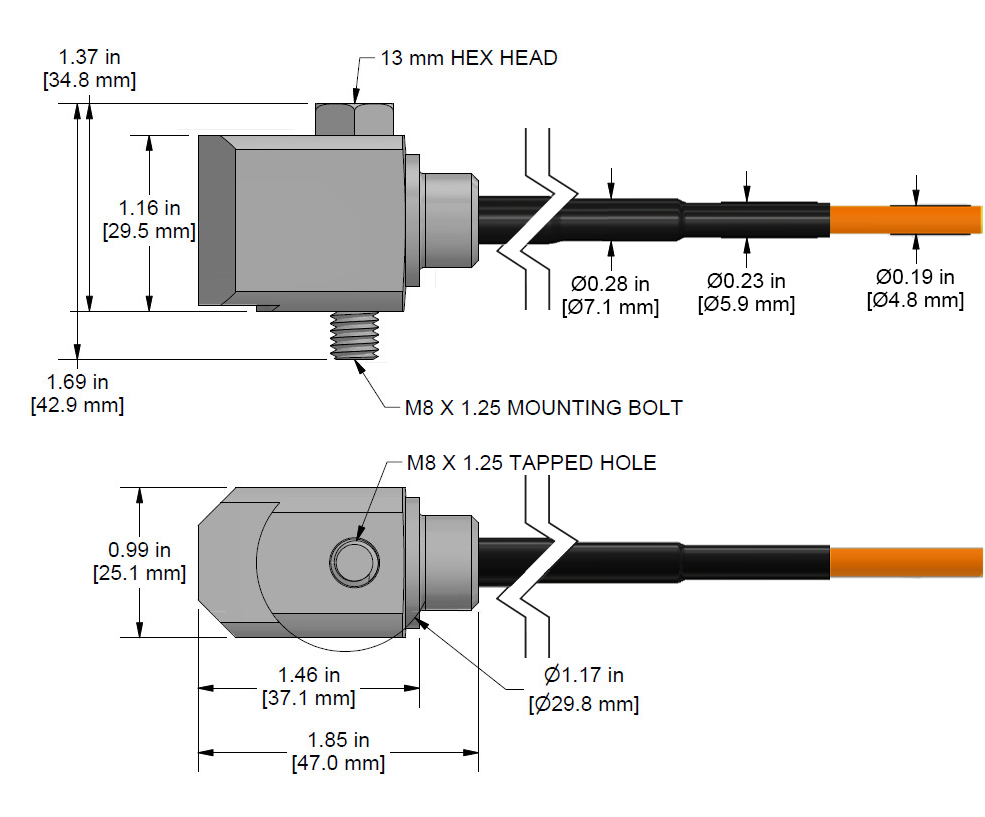 A drawing showing the dimensions and pin configuration of a CTC TA284 industrial accelerometer with FEP jacketed integral cable.