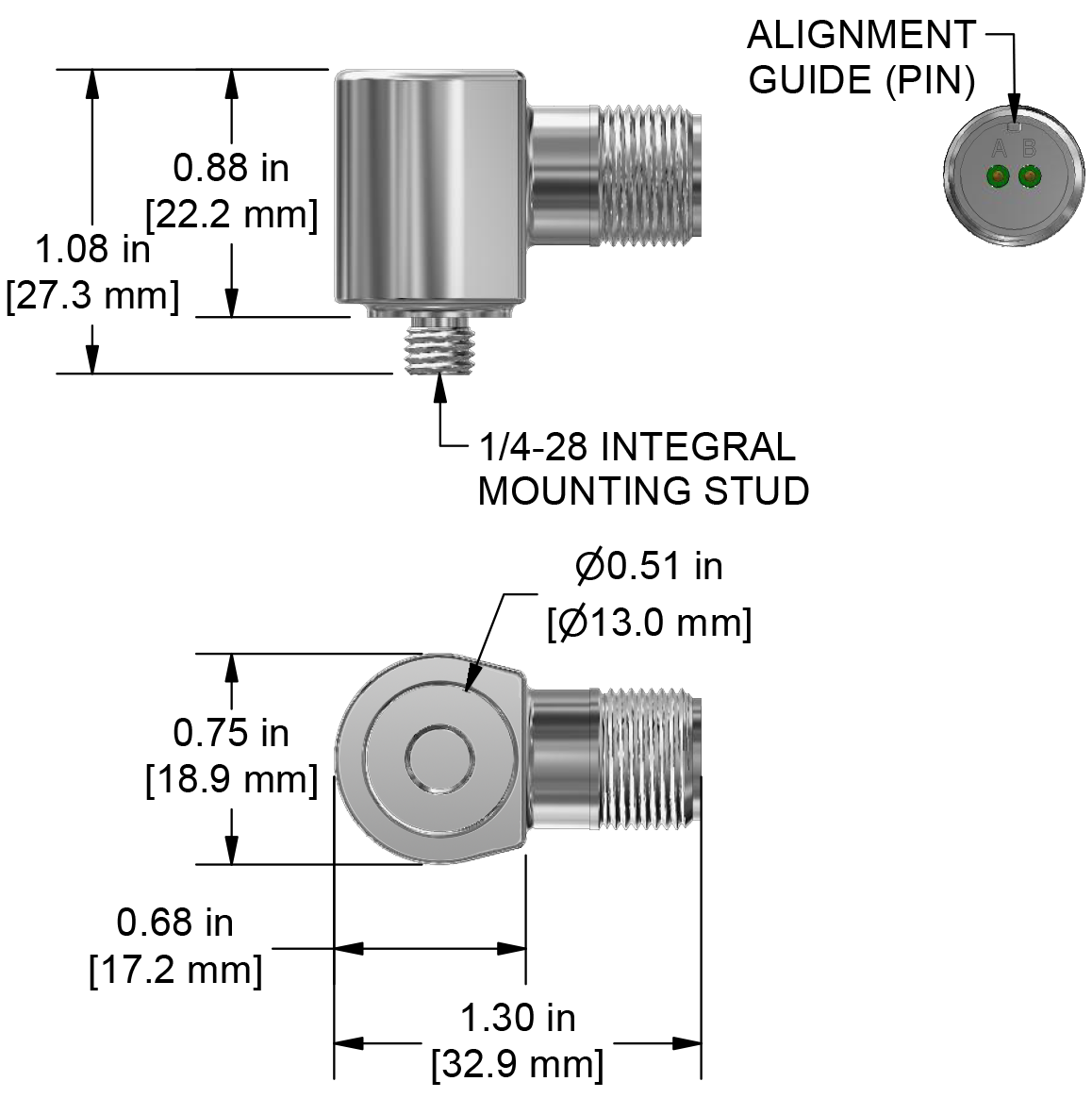A drawing showing the dimensions and pin configuration of a CTC UEA334 industrial accelerometer.