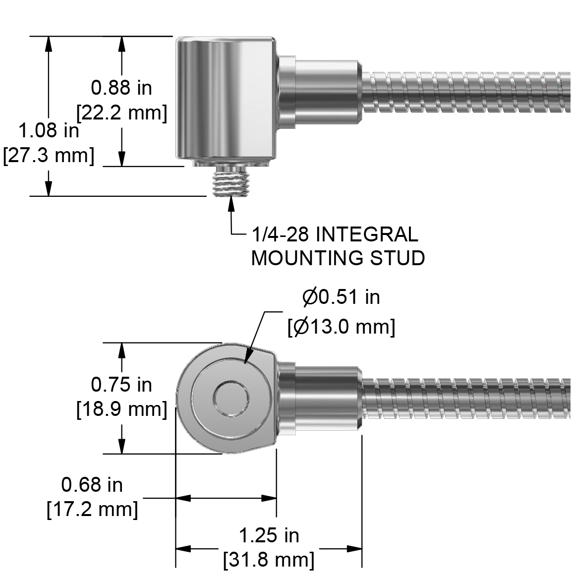 A drawing showing the dimensions and pin configuration of a CTC UEA334 industrial accelerometer.