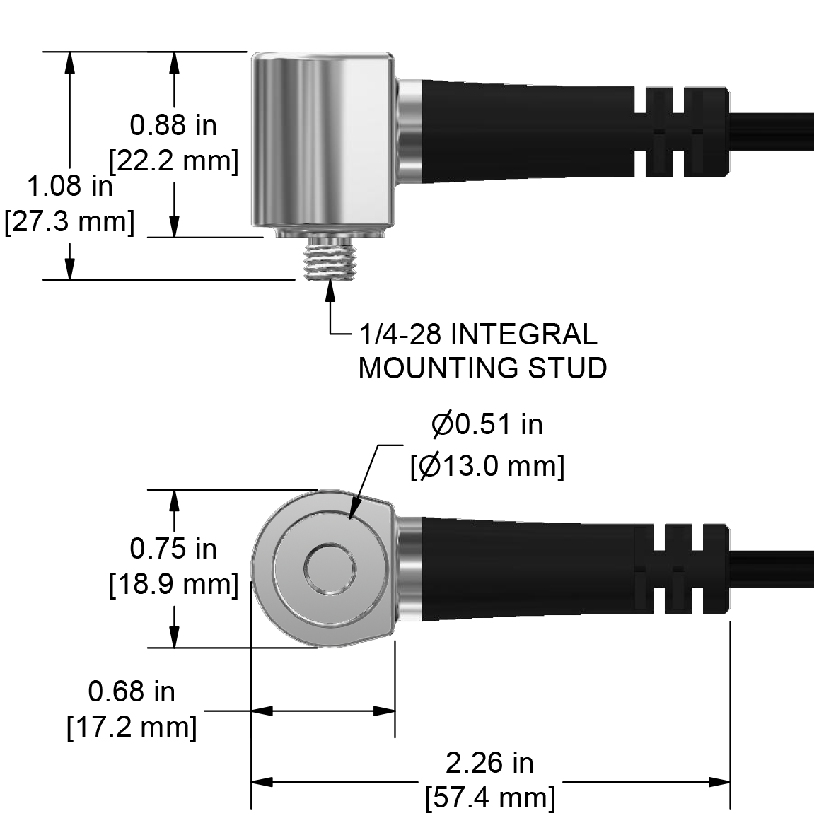 A drawing showing the dimensions and pin configuration of a CTC UEA334 industrial accelerometer.