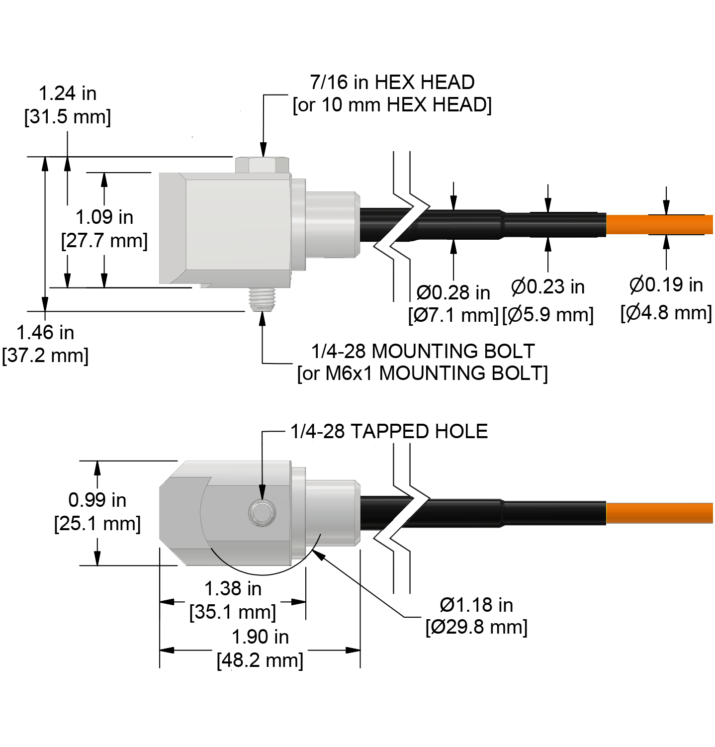 A drawing showing the dimensions and pin configuration of a CTC TA204 industrial accelerometer with FEP jacketed integral cable.