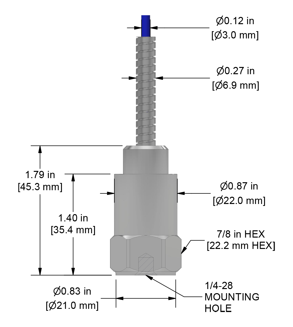 A drawing showing the dimensions and pin configuration of a CTC VE901 industrial accelerometer.