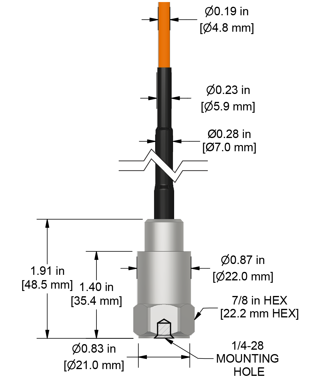 A drawing showing the dimensions and pin configuration of a CTC TA201 industrial accelerometer with FEP jacketed integral cable.