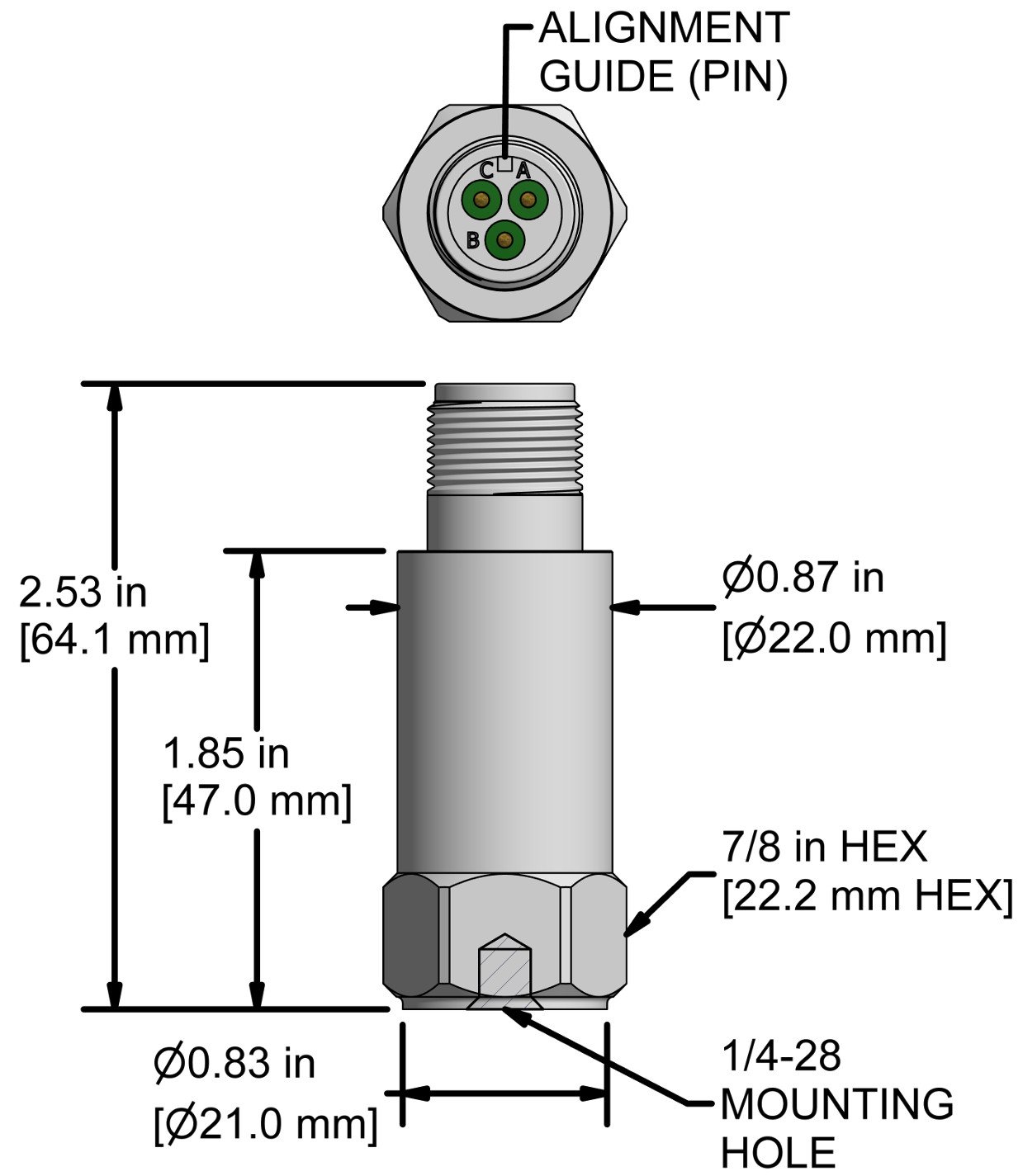 A drawing showing the dimensions and pin configuration of a CTC LP402 industrial accelerometer.
