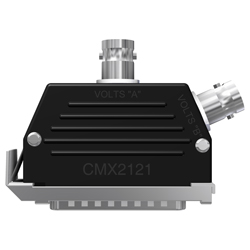 A side view of a black molded CMX2121 data collector adapter with a stainless steel 25 pin adapter on the bottom of the connector, and two BNC jacks on the top and side.