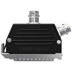A side view of a black molded CMX2136-VV data collector connector with a stainless steel 25 pin adapter on the bottom of the connector, and two BNC jacks on the top and side.