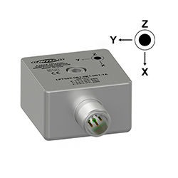 A render of a CTC LPT602 triaxial accelerometer with side exit 6 pin connector.