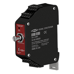 A SC150 Series Signal Conditioner for machine condition monitoring, with a black outer shell engraved with product information and a red faceplate.