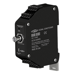 A black SC310 signal conditioner engraved with part information and with a BNC connector on the front of device.