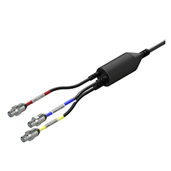 A render of a CTC E3DE three-channel triaxial BNC jack connector with red, blue, and yellow heat shrinks.