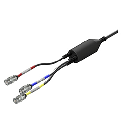 A render of a CTC F3DE Emerson compatible triaxial BNC plug connector with red, yellow, and blue heat shrinks.