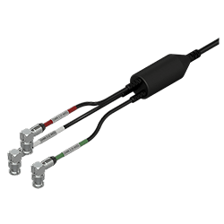 A side view of an FD39 three-channel BNC plug connector on a black CTC industrial cable.