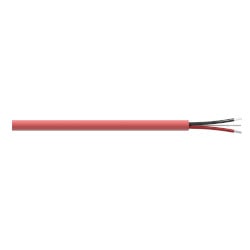 A section of red FEP jacketed CB102 cable with one red conductor wire, one black conductor wire, and one drain wire extending from the right side of the cable.