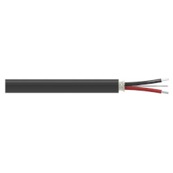 A section of black polyurethane jacketed CB103 cable with one red conductor wire, one black conductor wire, and one drain wire extending from the right side of the cable.