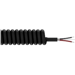 A section of black polyurethane jacketed CB104 coiled cable with one red conductor wire, one black conductor wire, and one drain wire extending from the right side of the cable.