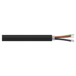 A section of black polyurethane jacketed CB105 cable with four conductor wires (red, black, green, and white) and one drain wire extending from the right side of the cable.