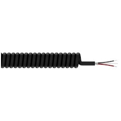 A section of black polyurethane jacketed CB108 cable with one red conductor wire, one black conductor wire, and one drain wire extending from the right side of the cable.